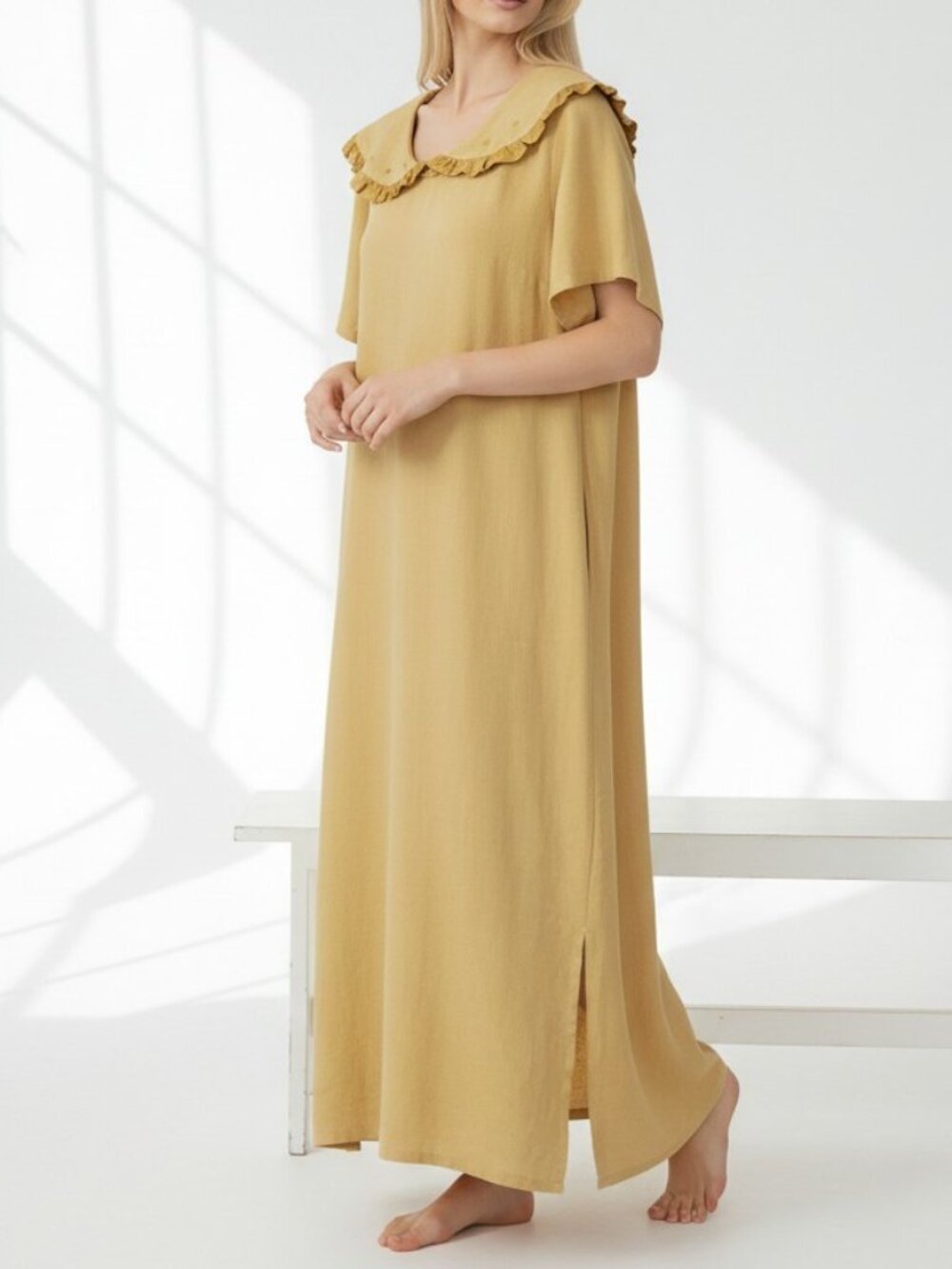 Russ Berens 100% Linen Yellow Made in USA Split Hem Maxi Dress - Medium